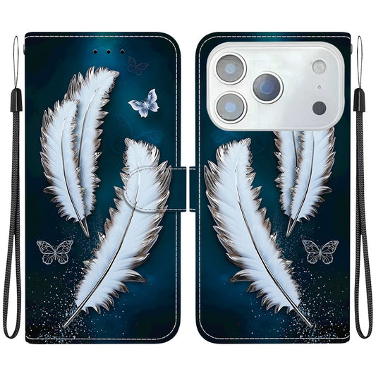 For iPhone 17 Pro Max Case Pattern Printing Anti-Drop Leather Flip Wallet Phone Cover with Lanyard - White Butterfly Feather
