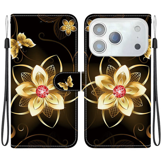 For iPhone 17 Pro Max Case Pattern Printing Anti-Drop Leather Flip Wallet Phone Cover with Lanyard - Golden Flower