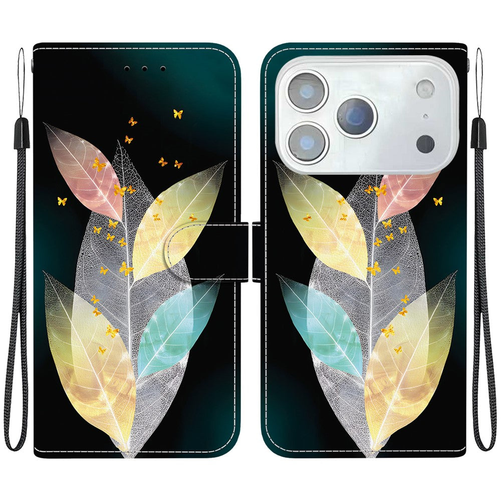 For iPhone 17 Pro Max Case Pattern Printing Anti-Drop Leather Flip Wallet Phone Cover with Lanyard - Colored Leaves