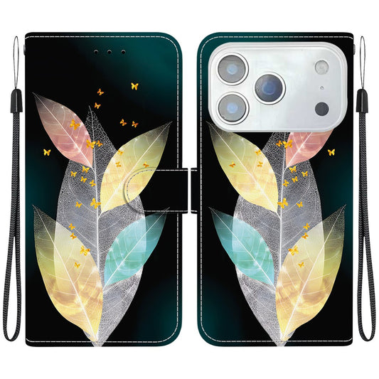 For iPhone 17 Pro Max Case Pattern Printing Anti-Drop Leather Flip Wallet Phone Cover with Lanyard - Colored Leaves