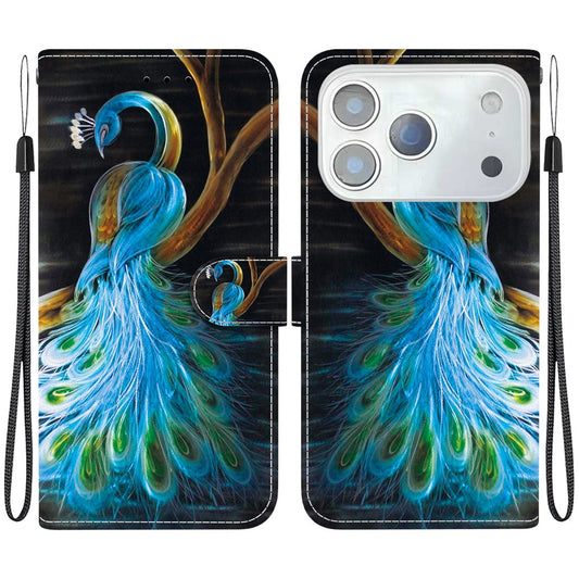 For iPhone 17 Pro Max Case Pattern Printing Anti-Drop Leather Flip Wallet Phone Cover with Lanyard - Peacock