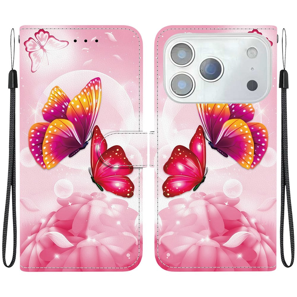 For iPhone 17 Pro Max Case Pattern Printing Anti-Drop Leather Flip Wallet Phone Cover with Lanyard - Pink Butterfly