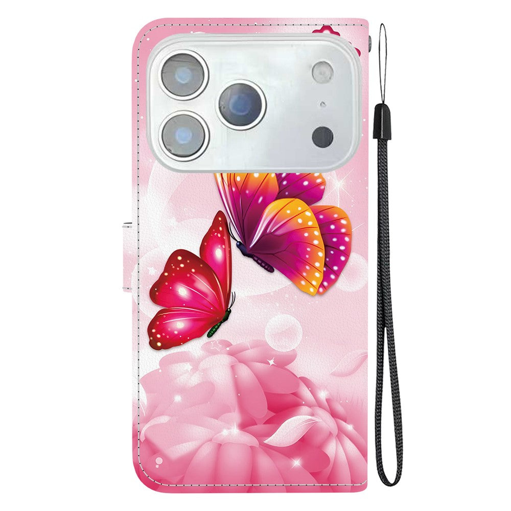For iPhone 17 Pro Max Case Pattern Printing Anti-Drop Leather Flip Wallet Phone Cover with Lanyard - Pink Butterfly