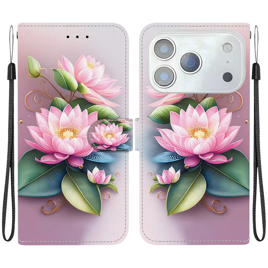 For iPhone 17 Pro Max Case Pattern Printing Anti-Drop Leather Flip Wallet Phone Cover with Lanyard - Lotus