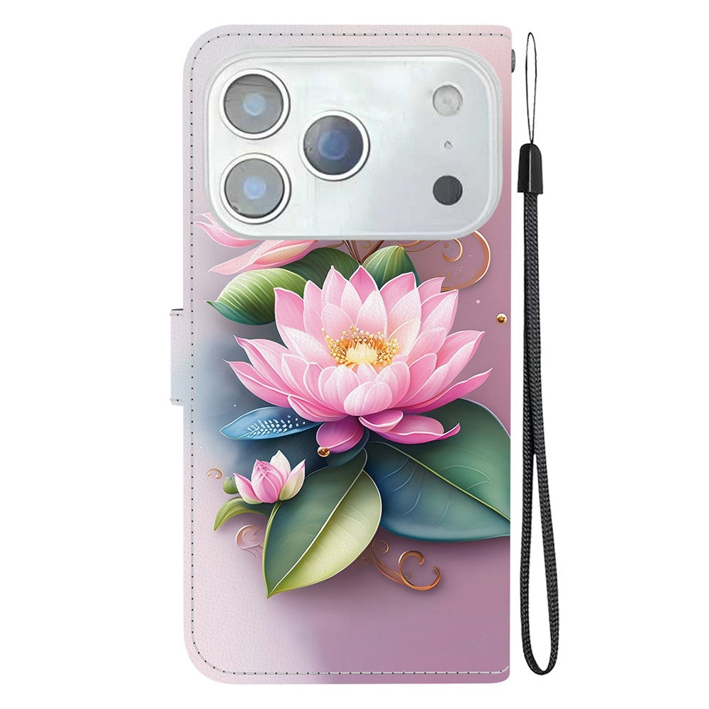 For iPhone 17 Pro Max Case Pattern Printing Anti-Drop Leather Flip Wallet Phone Cover with Lanyard - Lotus