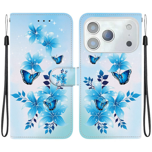 For iPhone 17 Pro Max Case Pattern Printing Anti-Drop Leather Flip Wallet Phone Cover with Lanyard - Blue Butterfly