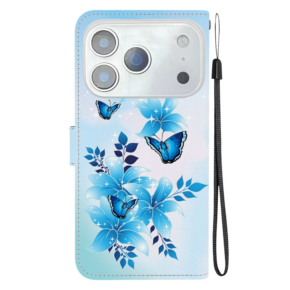 For iPhone 17 Pro Max Case Pattern Printing Anti-Drop Leather Flip Wallet Phone Cover with Lanyard - Blue Butterfly