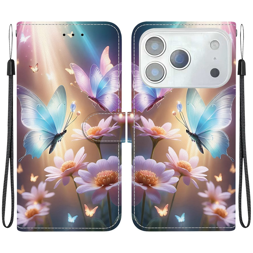 For iPhone 17 Pro Max Case Pattern Printing Anti-Drop Leather Flip Wallet Phone Cover with Lanyard - Butterfly Floral