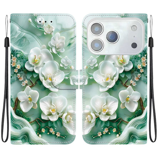 For iPhone 17 Pro Max Case Pattern Printing Anti-Drop Leather Flip Wallet Phone Cover with Lanyard - Jade Flower