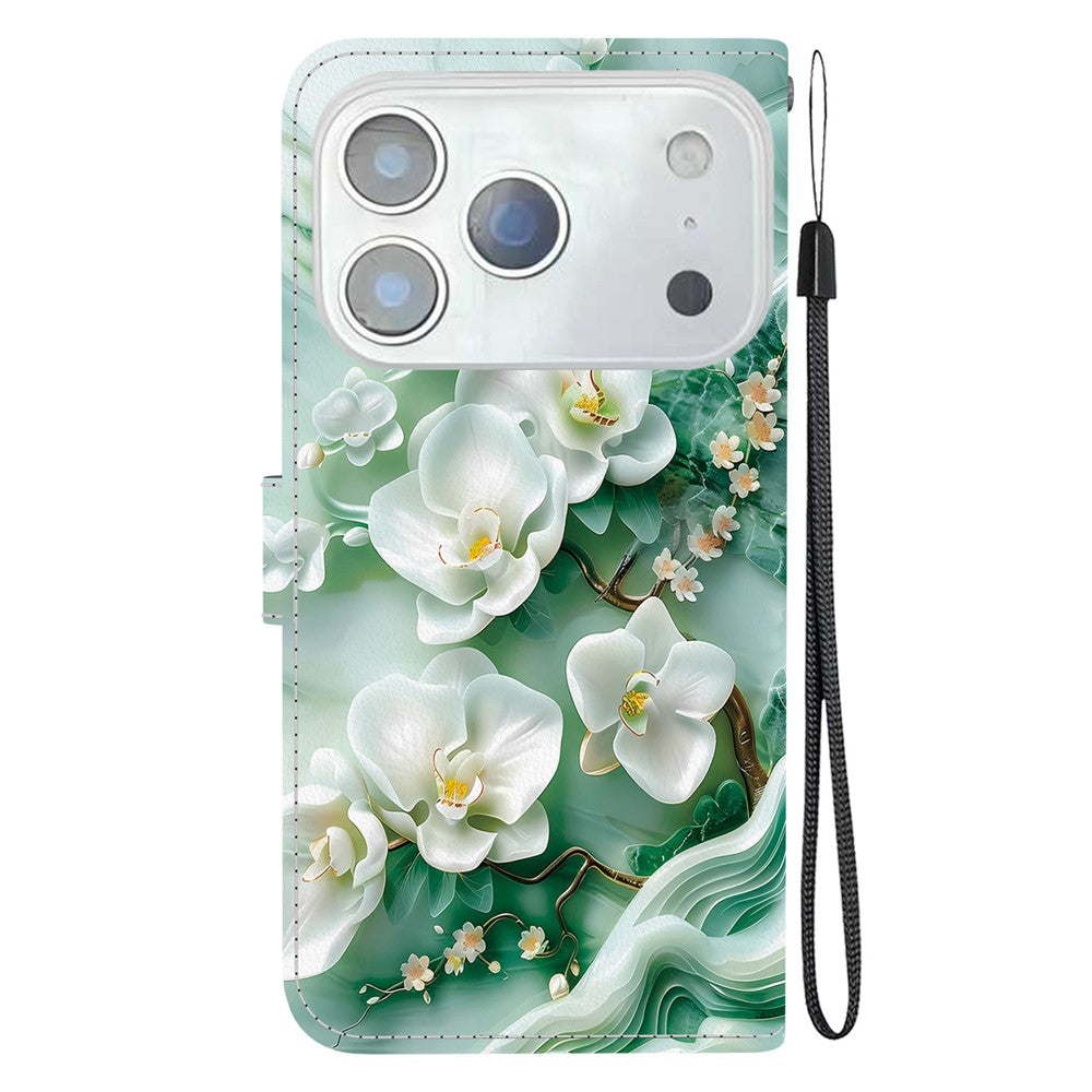For iPhone 17 Pro Max Case Pattern Printing Anti-Drop Leather Flip Wallet Phone Cover with Lanyard - Jade Flower