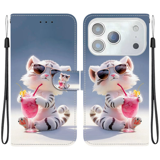 For iPhone 17 Pro Max Case Pattern Printing Anti-Drop Leather Flip Wallet Phone Cover with Lanyard - Cartoon Tiger