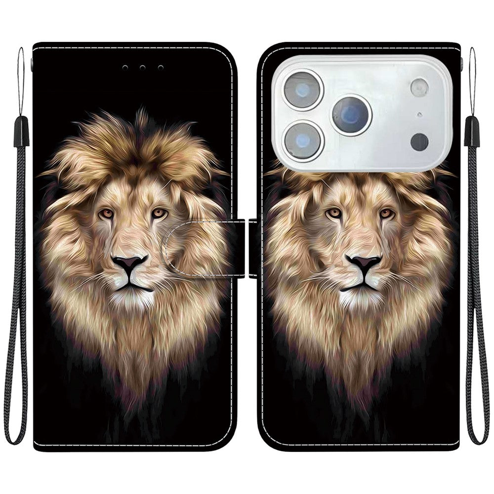 For iPhone 17 Pro Max Case Pattern Printing Anti-Drop Leather Flip Wallet Phone Cover with Lanyard - Lion Head