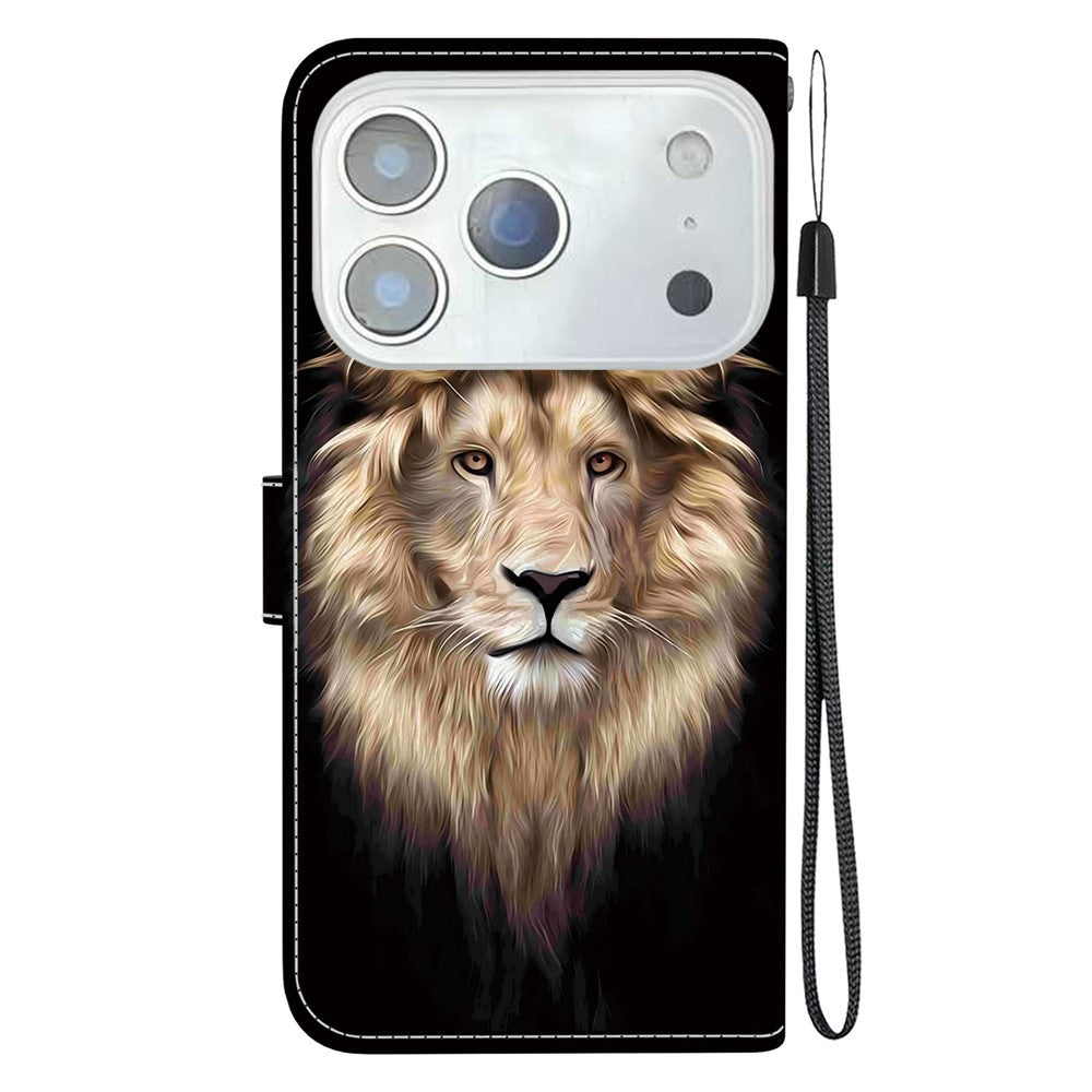 For iPhone 17 Pro Max Case Pattern Printing Anti-Drop Leather Flip Wallet Phone Cover with Lanyard - Lion Head