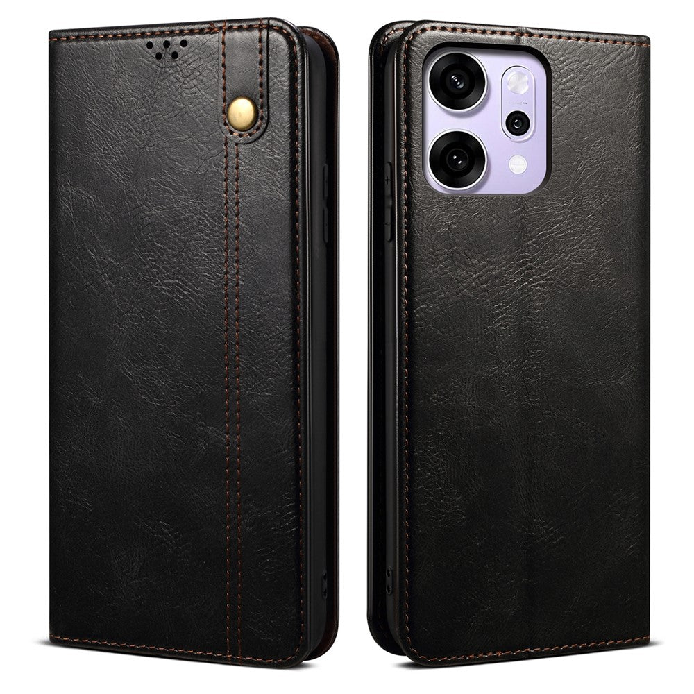 For Oppo Reno14 5G (Global) Case Crazy Horse Texture Waxy Leather Wallet Stand Phone Cover - Black