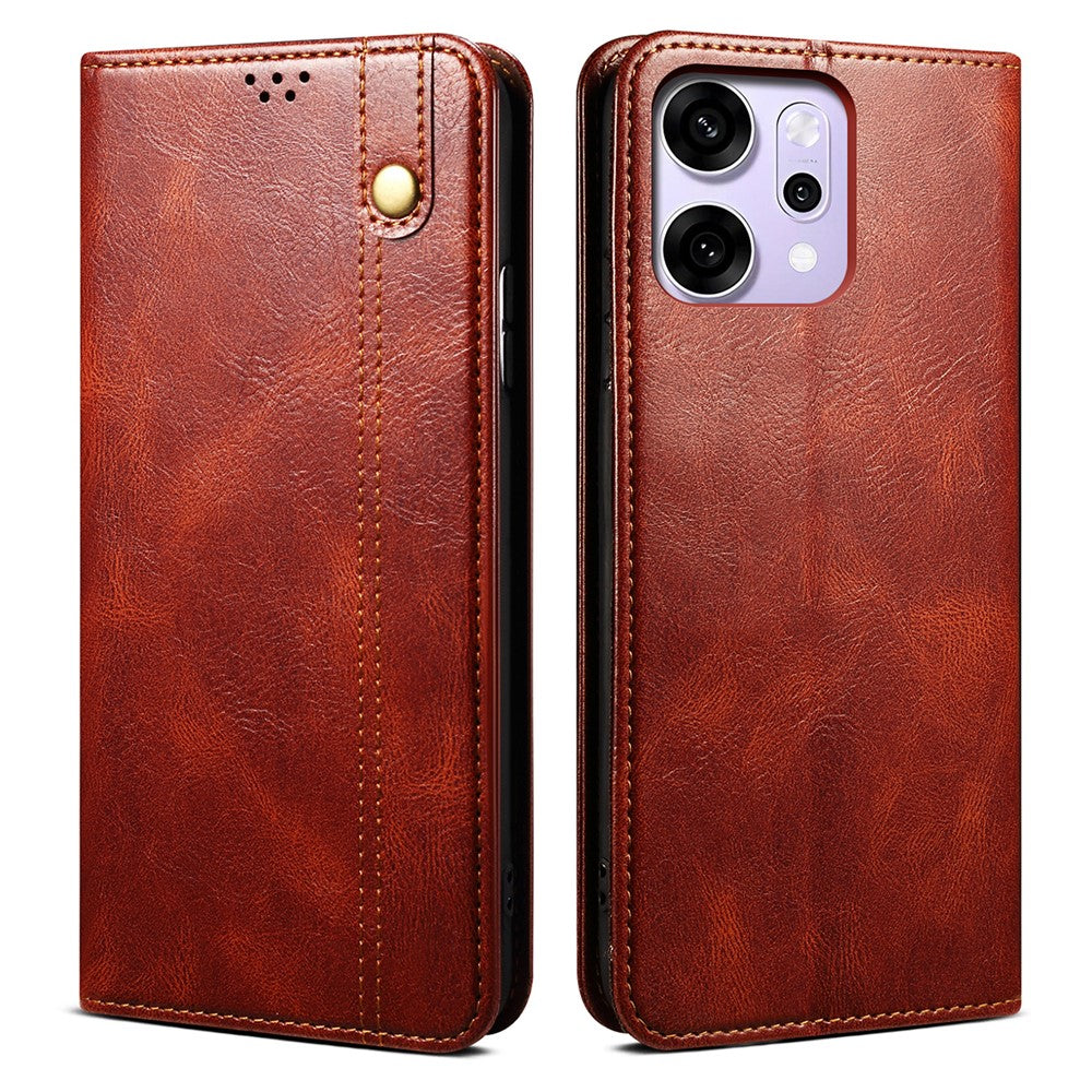 For Oppo Reno14 5G (Global) Case Crazy Horse Texture Waxy Leather Wallet Stand Phone Cover - Brown