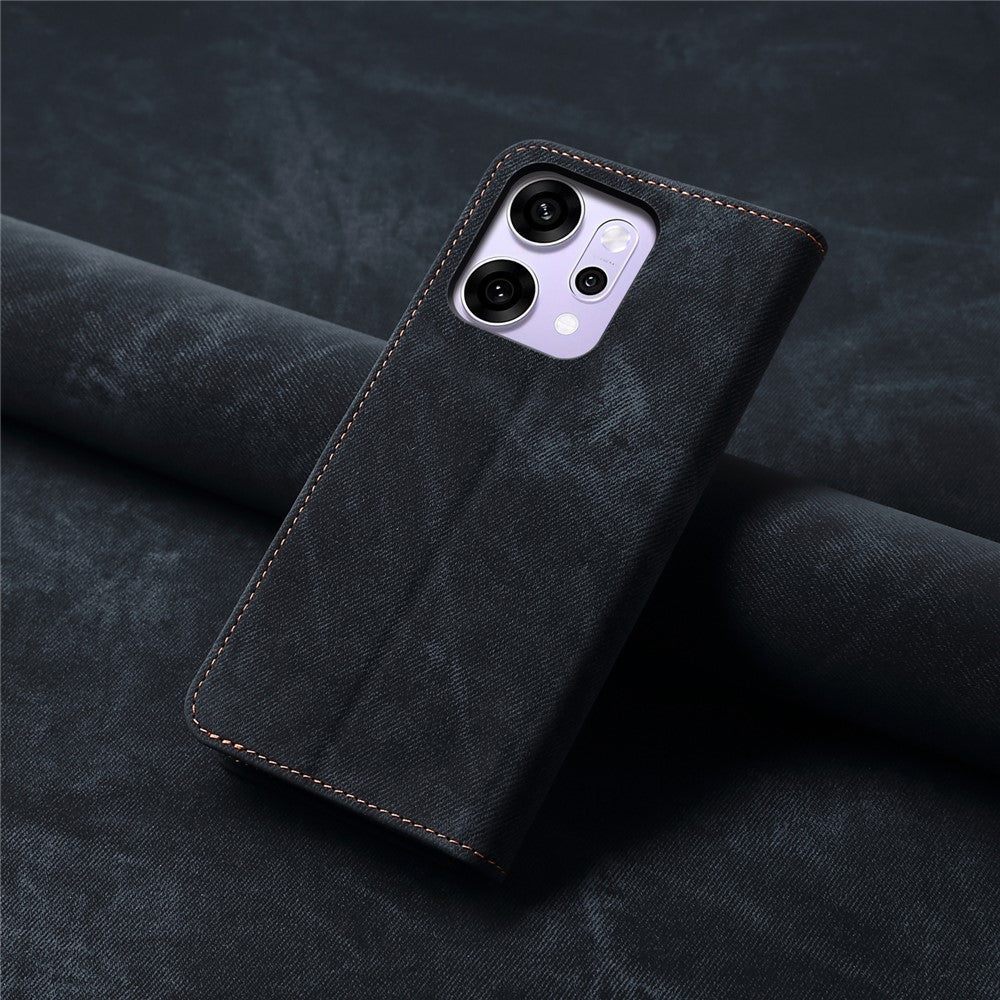 For Oppo Reno14 5G (Global) Case Jeans Cloth Texture Anti-Scratch Leather Stand Phone Cover - Black