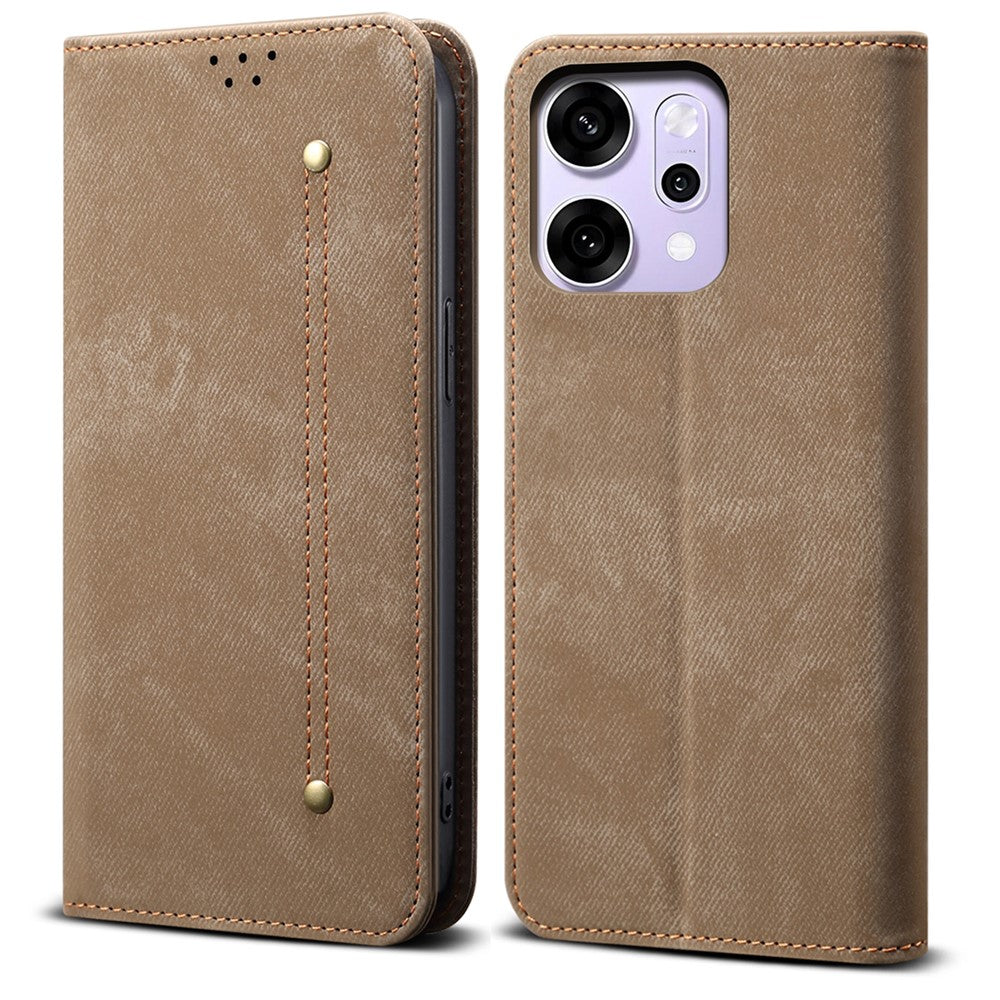For Oppo Reno14 Pro 5G (Global) Case Jeans Cloth Texture Anti-Scratch Leather Stand Phone Cover - Khaki