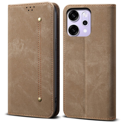 For Oppo Reno14 Pro 5G (Global) Case Jeans Cloth Texture Anti-Scratch Leather Stand Phone Cover - Khaki