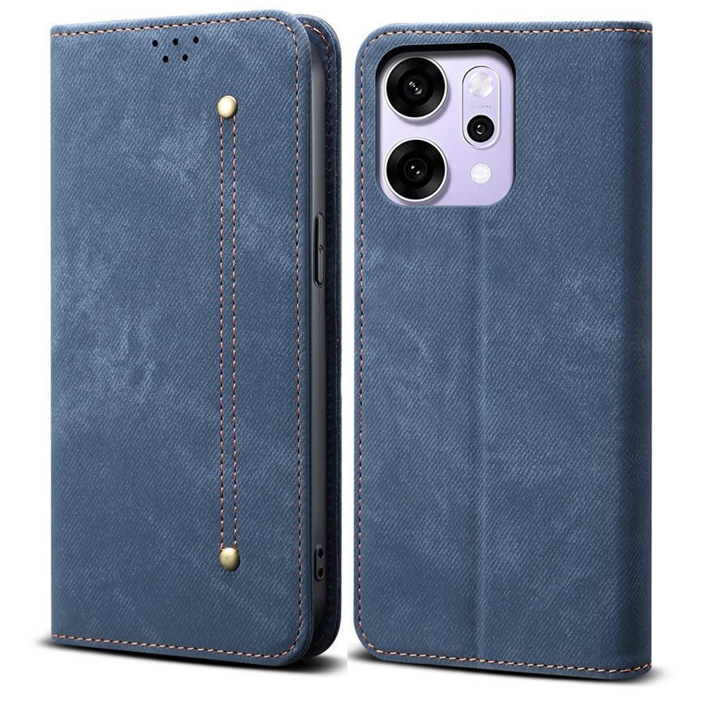 For Oppo Reno14 Pro 5G (Global) Case Jeans Cloth Texture Anti-Scratch Leather Stand Phone Cover - Blue