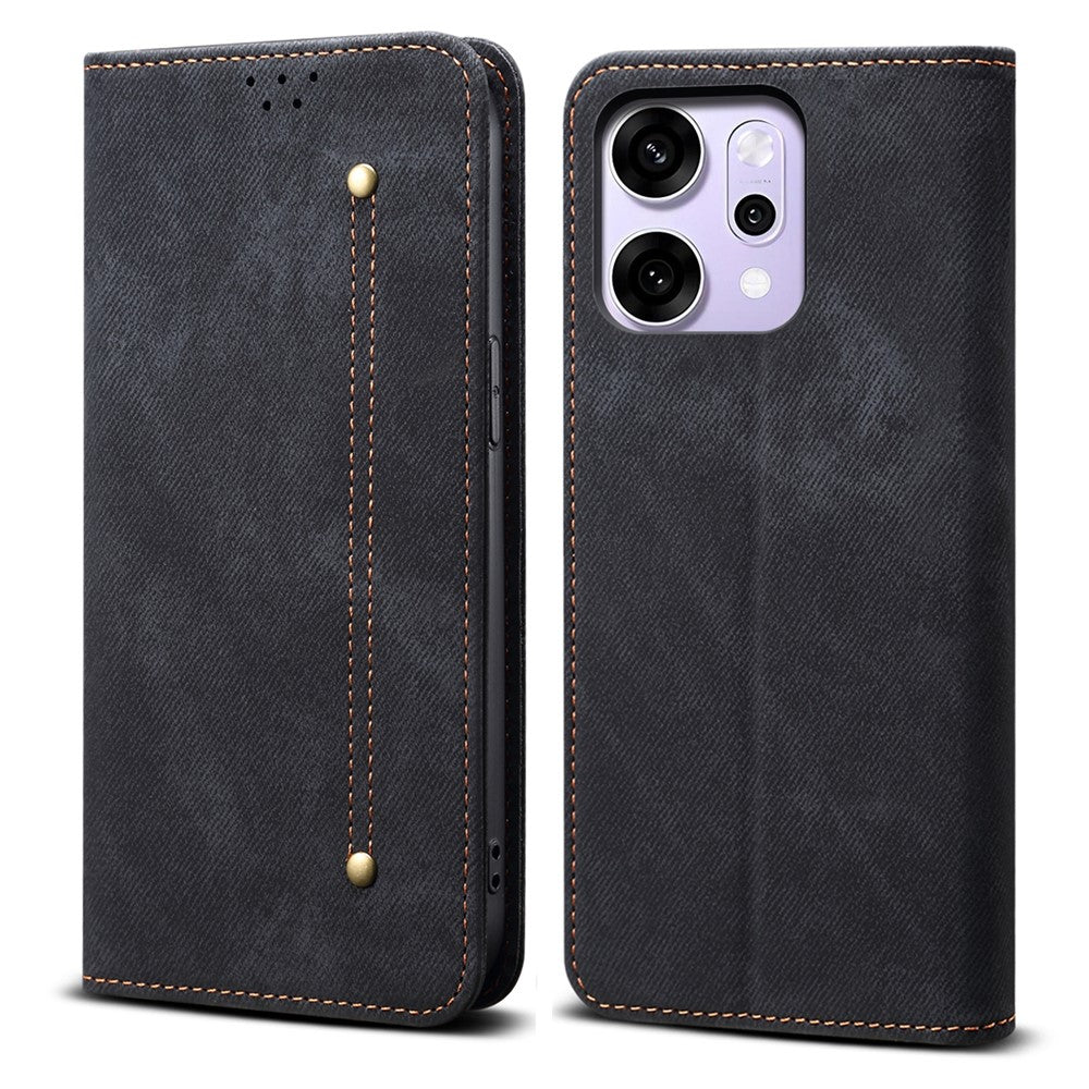 For Oppo Reno14 Pro 5G (Global) Case Jeans Cloth Texture Anti-Scratch Leather Stand Phone Cover - Black