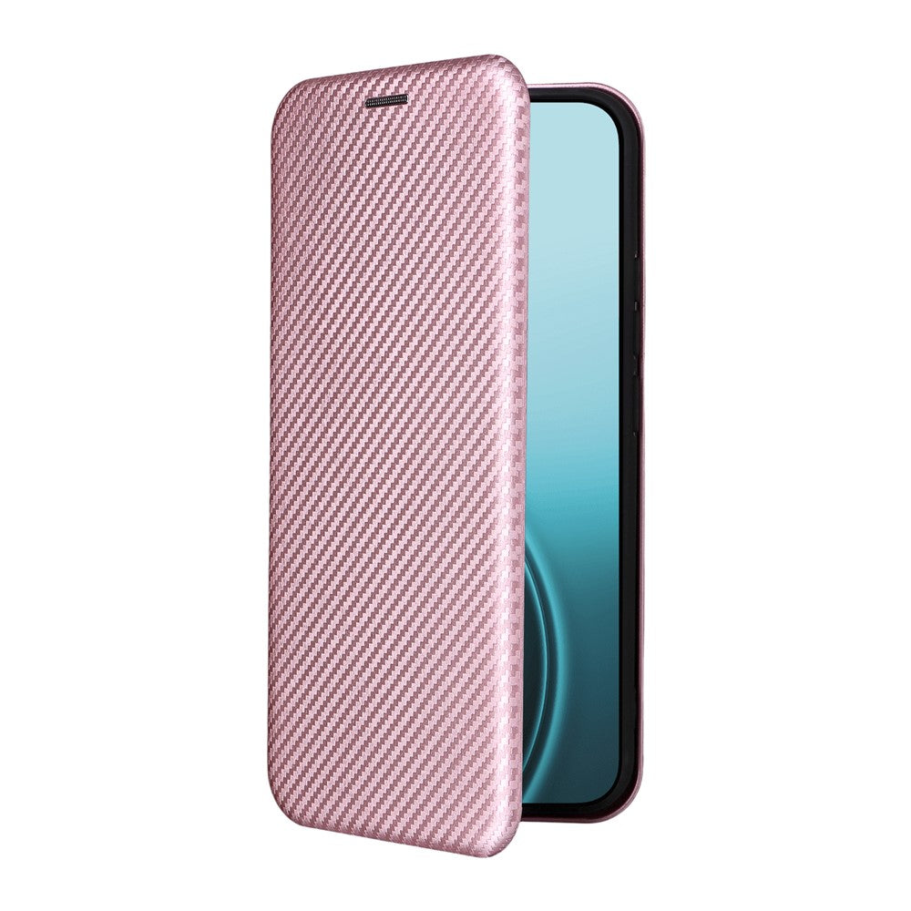 For Oppo Reno14 5G (Global) Case Carbon Fiber Texture Drop-Proof PU Leather Phone Cover - Rose Gold