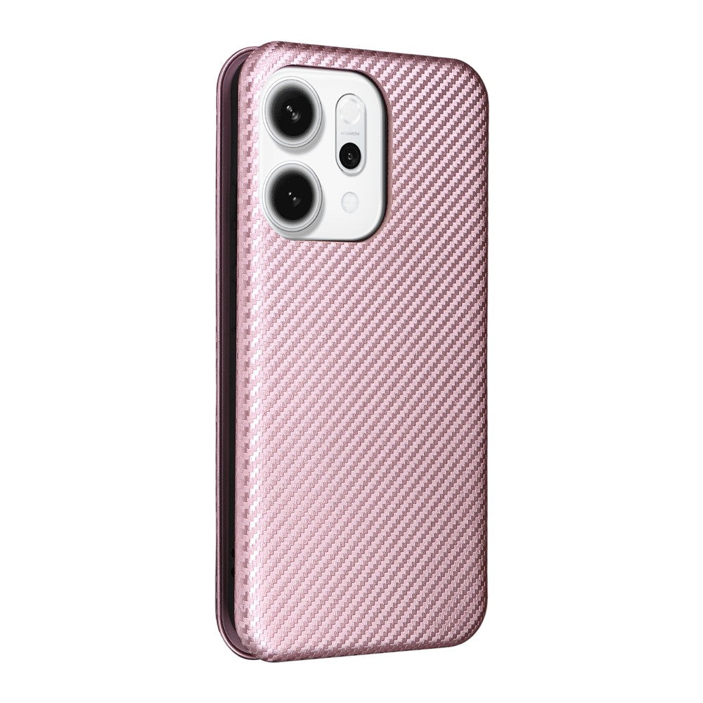 For Oppo Reno14 5G (Global) Case Carbon Fiber Texture Drop-Proof PU Leather Phone Cover - Rose Gold