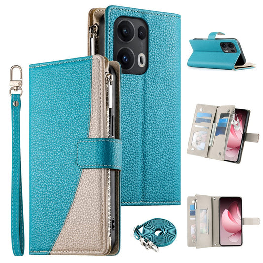For Oppo Reno13 Pro 5G Case Zipper Wallet Color Splicing Leather Flip Phone Cover with Straps - Lake Blue