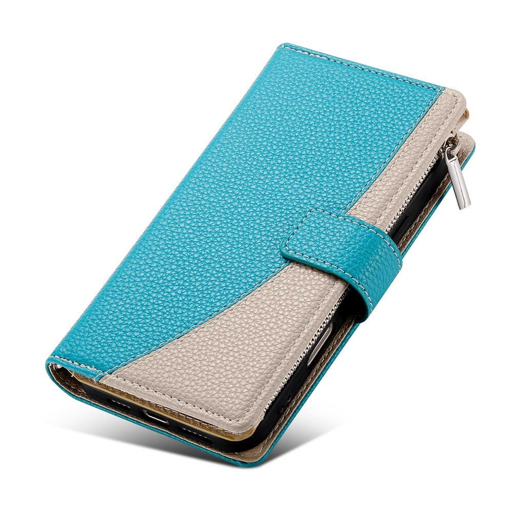 For Oppo Reno13 Pro 5G Case Zipper Wallet Color Splicing Leather Flip Phone Cover with Straps - Lake Blue