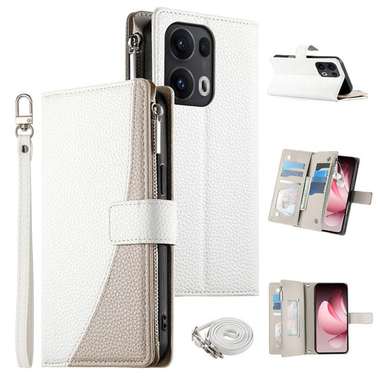 For Oppo Reno13 Pro 5G Case Zipper Wallet Color Splicing Leather Flip Phone Cover with Straps - White