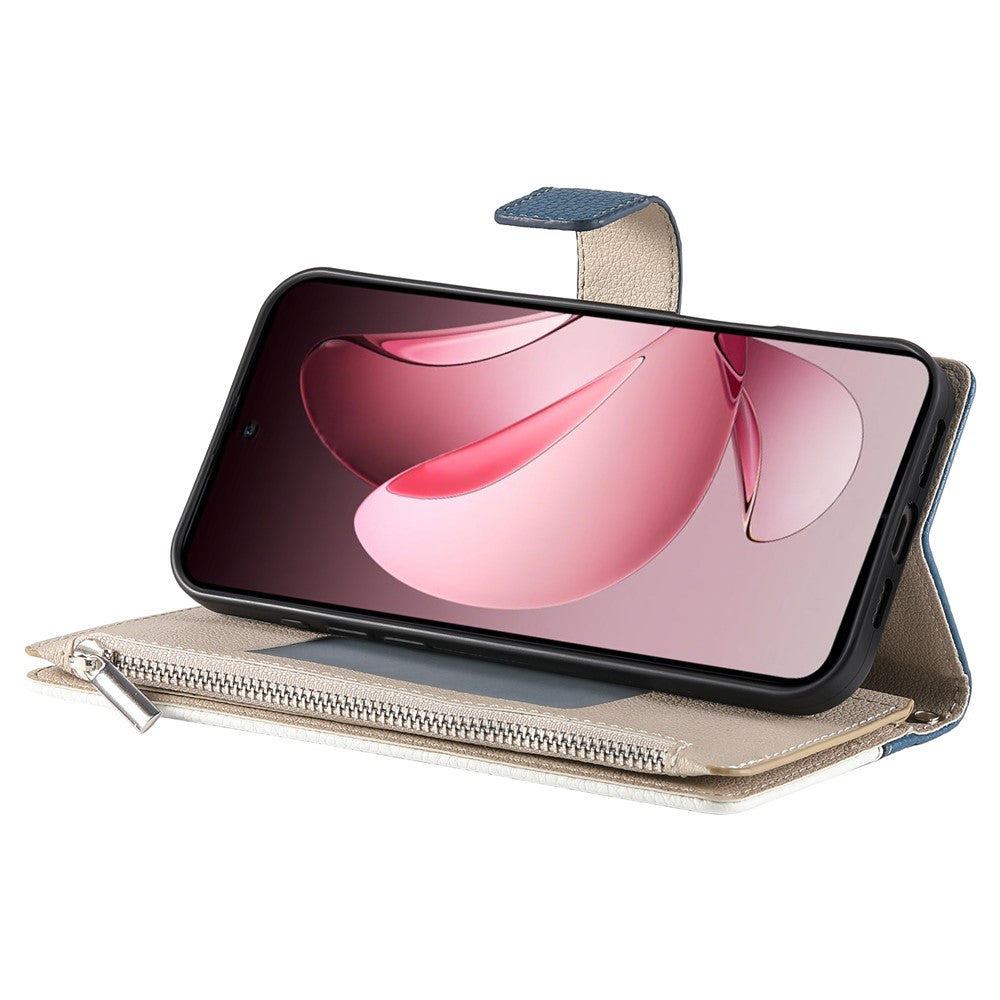 For Oppo Reno13 Pro 5G Case Zipper Wallet Color Splicing Leather Flip Phone Cover with Straps - Dark Blue