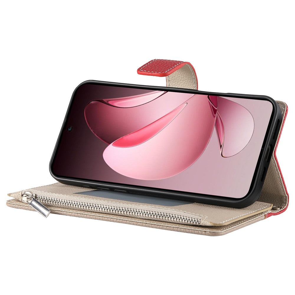 For Oppo Reno13 Pro 5G Case Zipper Wallet Color Splicing Leather Flip Phone Cover with Straps - Red