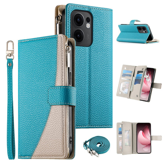 For Oppo Reno13 F 5G Case Zipper Wallet Color Splicing Leather Flip Phone Cover with Straps - Lake Blue