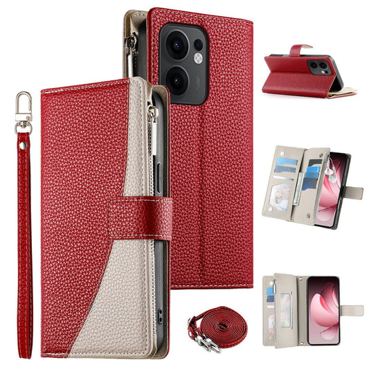 For Oppo Reno13 F 5G Case Zipper Wallet Color Splicing Leather Flip Phone Cover with Straps - Red