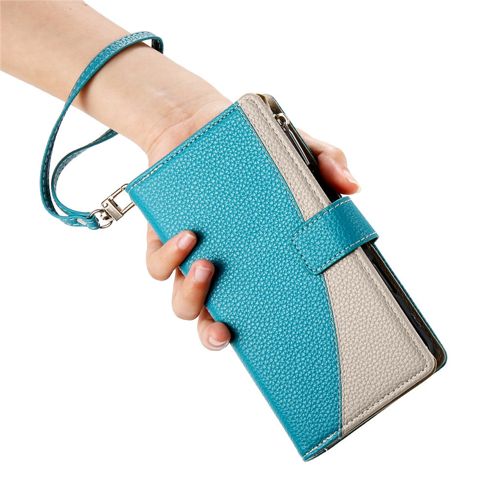 For Oppo Reno13 5G (Global) Case Zipper Wallet Color Splicing Leather Flip Phone Cover with Straps - Lake Blue