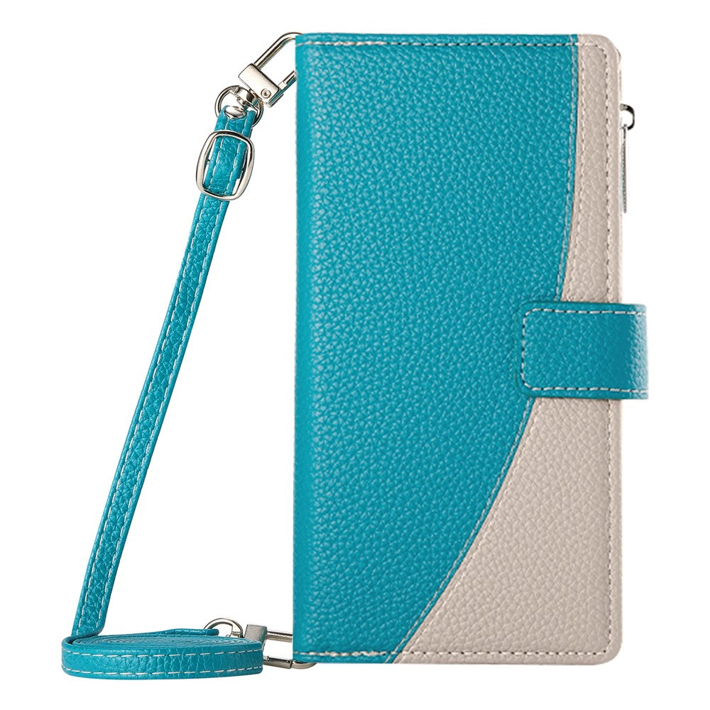 For Oppo Reno13 5G (Global) Case Zipper Wallet Color Splicing Leather Flip Phone Cover with Straps - Lake Blue