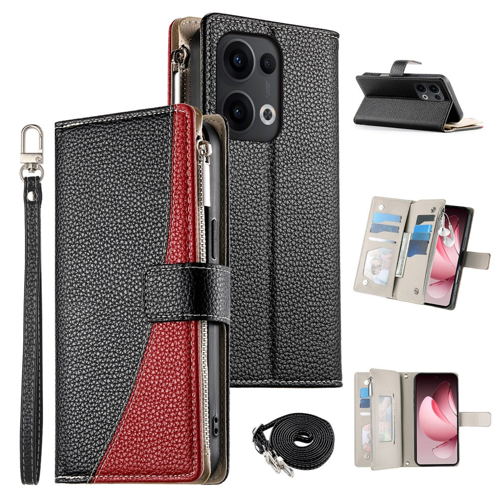 For Oppo Reno13 5G (Global) Case Zipper Wallet Color Splicing Leather Flip Phone Cover with Straps - Black