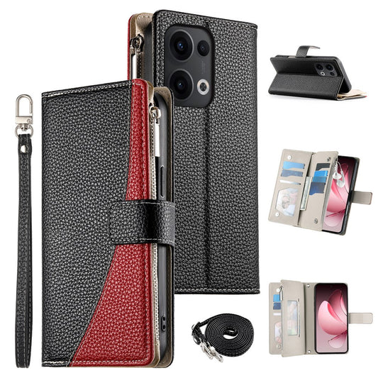 For Oppo Reno13 5G (Global) Case Zipper Wallet Color Splicing Leather Flip Phone Cover with Straps - Black