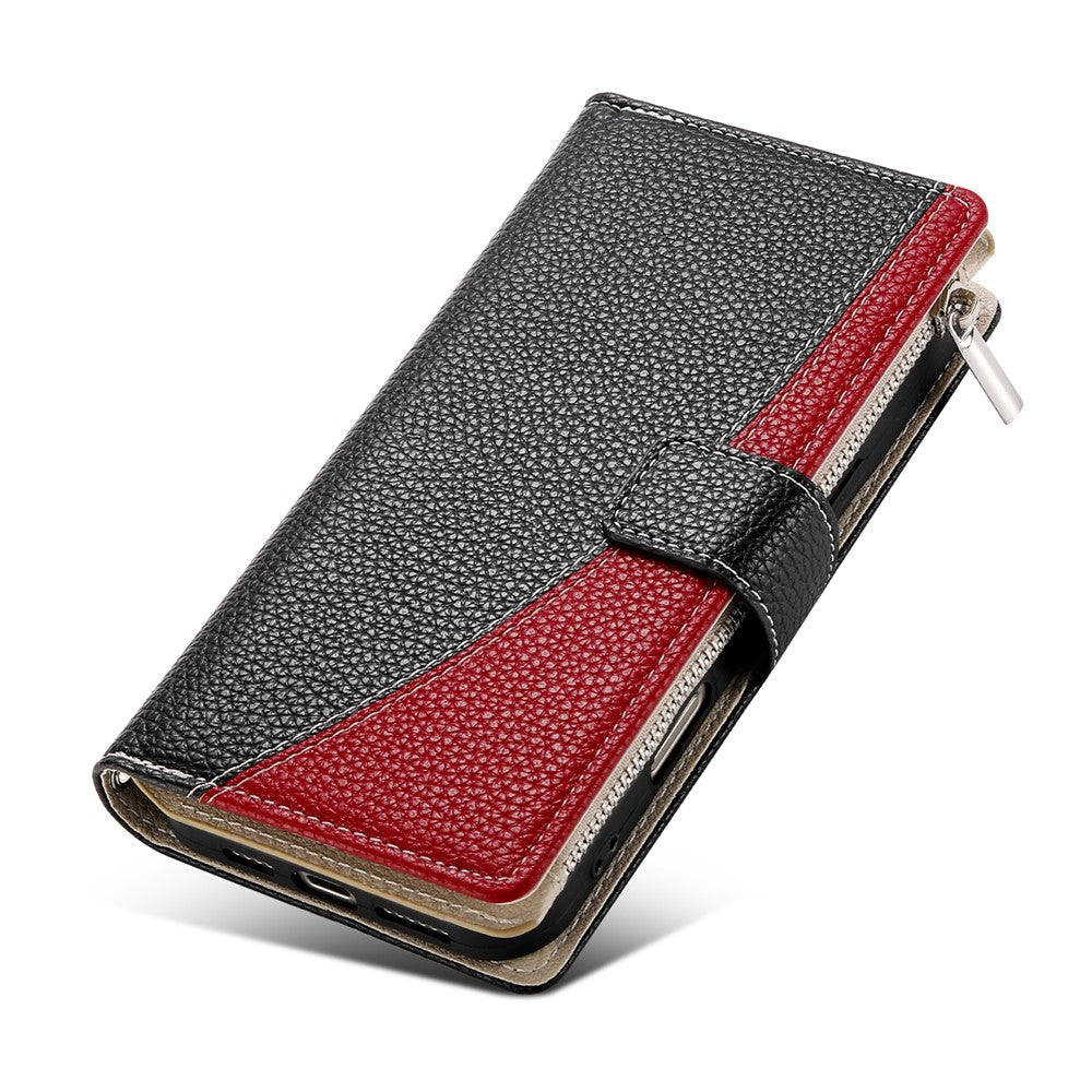 For Oppo Reno13 5G (Global) Case Zipper Wallet Color Splicing Leather Flip Phone Cover with Straps - Black