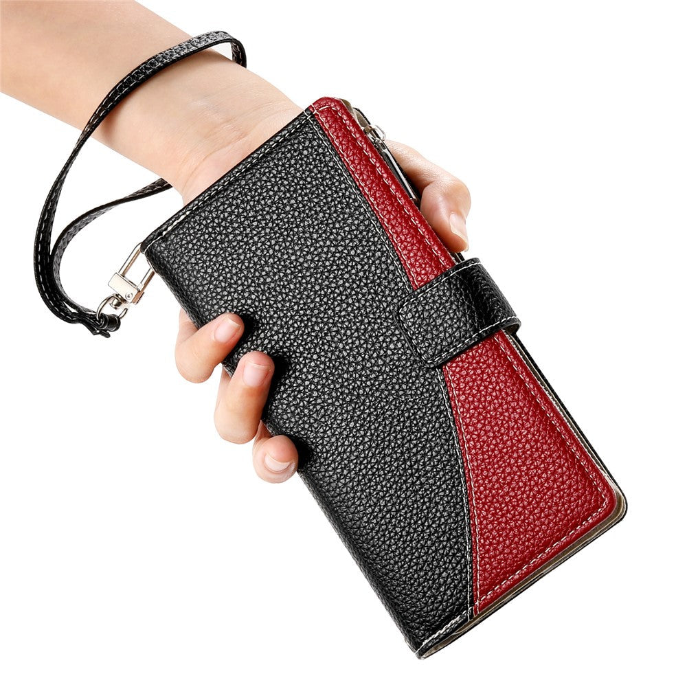 For Oppo Reno13 5G (Global) Case Zipper Wallet Color Splicing Leather Flip Phone Cover with Straps - Black