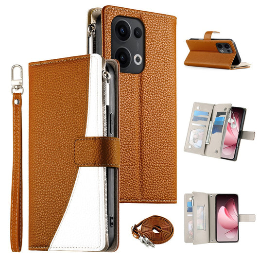For Oppo Reno13 5G (Global) Case Zipper Wallet Color Splicing Leather Flip Phone Cover with Straps - Brown