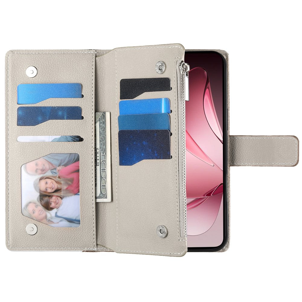 For Oppo Reno13 5G (Global) Case Zipper Wallet Color Splicing Leather Flip Phone Cover with Straps - Brown