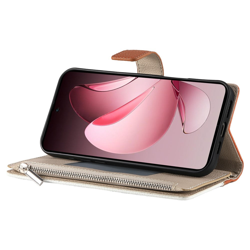 For Oppo Reno13 5G (Global) Case Zipper Wallet Color Splicing Leather Flip Phone Cover with Straps - Brown