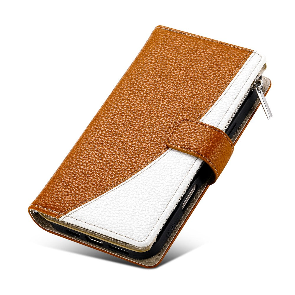 For Oppo Reno13 5G (Global) Case Zipper Wallet Color Splicing Leather Flip Phone Cover with Straps - Brown