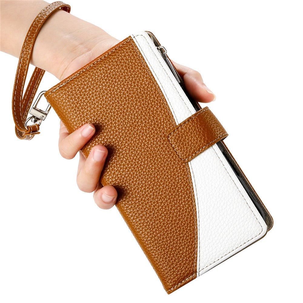 For Oppo Reno13 5G (Global) Case Zipper Wallet Color Splicing Leather Flip Phone Cover with Straps - Brown