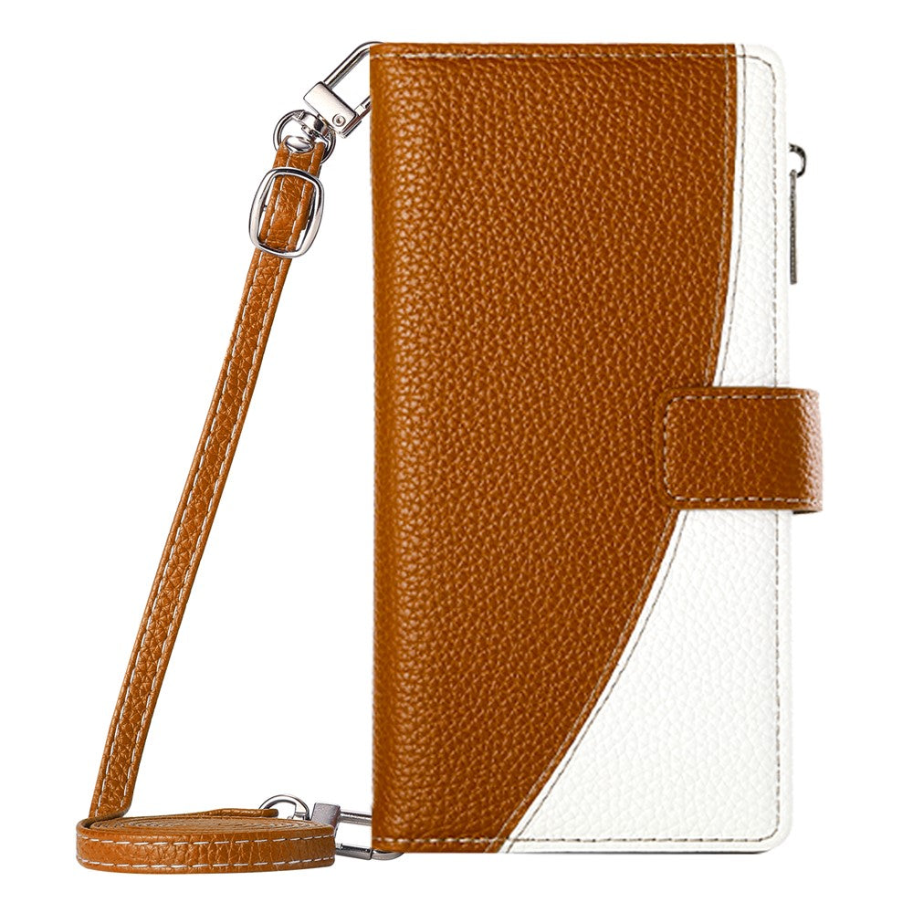 For Oppo Reno13 5G (Global) Case Zipper Wallet Color Splicing Leather Flip Phone Cover with Straps - Brown