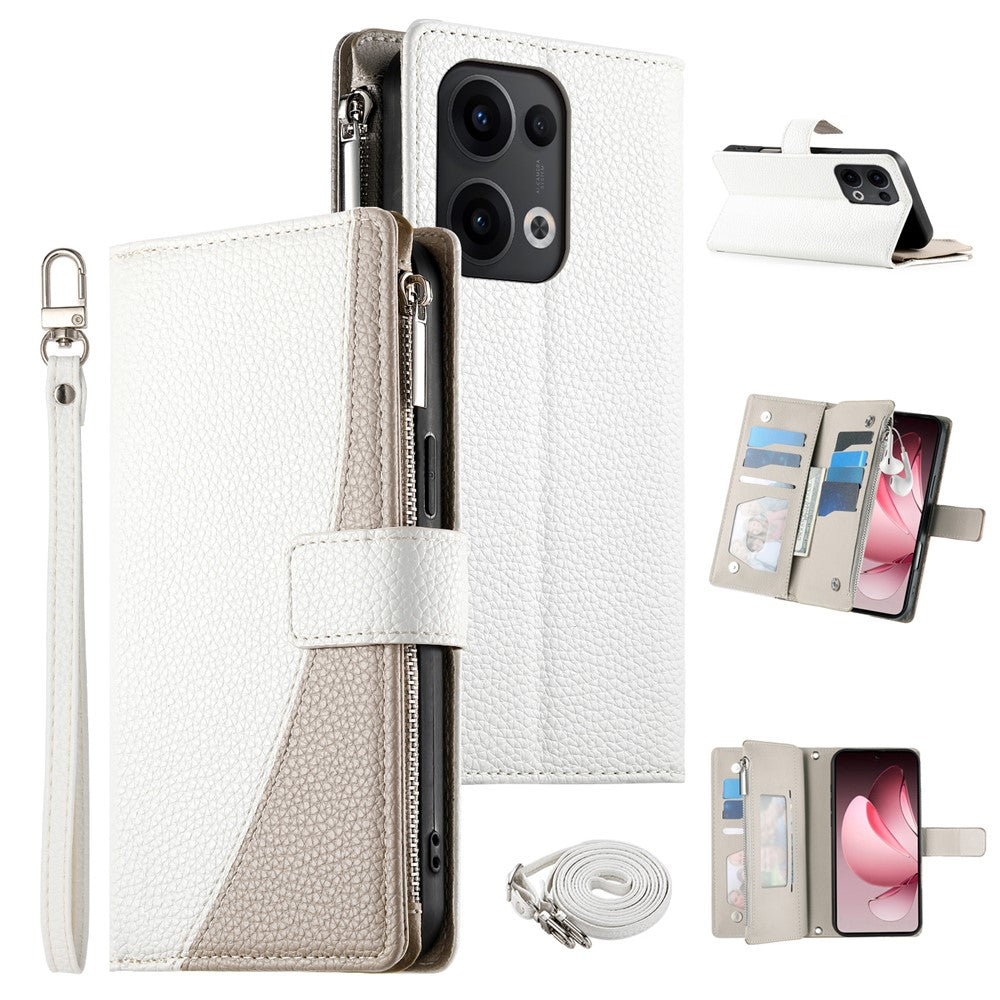 For Oppo Reno13 5G (Global) Case Zipper Wallet Color Splicing Leather Flip Phone Cover with Straps - White