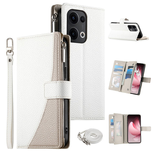 For Oppo Reno13 5G (Global) Case Zipper Wallet Color Splicing Leather Flip Phone Cover with Straps - White