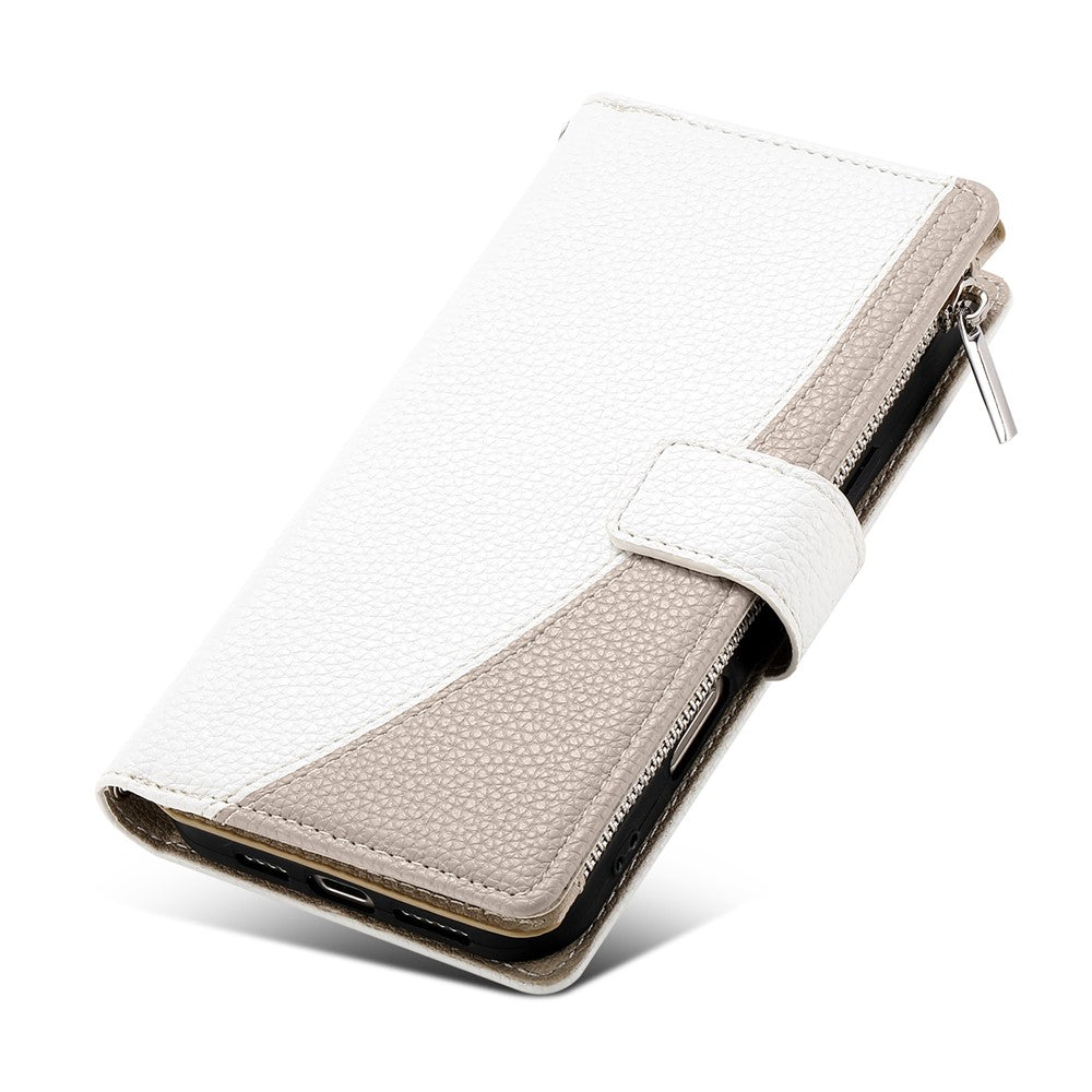 For Oppo Reno13 5G (Global) Case Zipper Wallet Color Splicing Leather Flip Phone Cover with Straps - White