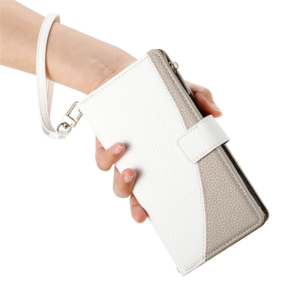 For Oppo Reno13 5G (Global) Case Zipper Wallet Color Splicing Leather Flip Phone Cover with Straps - White