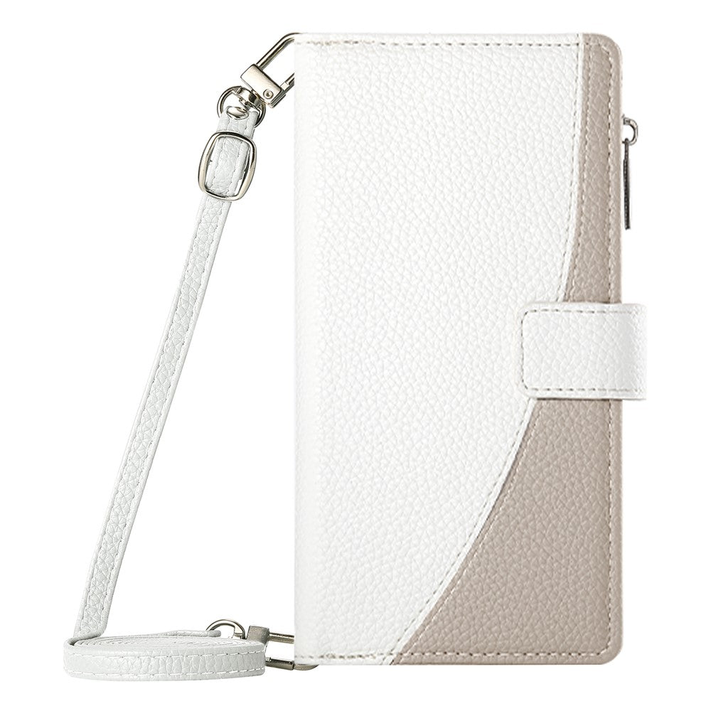 For Oppo Reno13 5G (Global) Case Zipper Wallet Color Splicing Leather Flip Phone Cover with Straps - White
